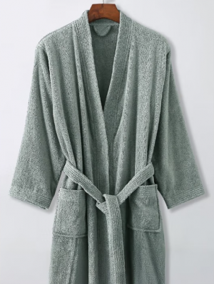 星级酒店浴袍 秋冬纯棉男士睡袍毛巾料双面毛圈全棉浴衣女睡衣 豆绿灰